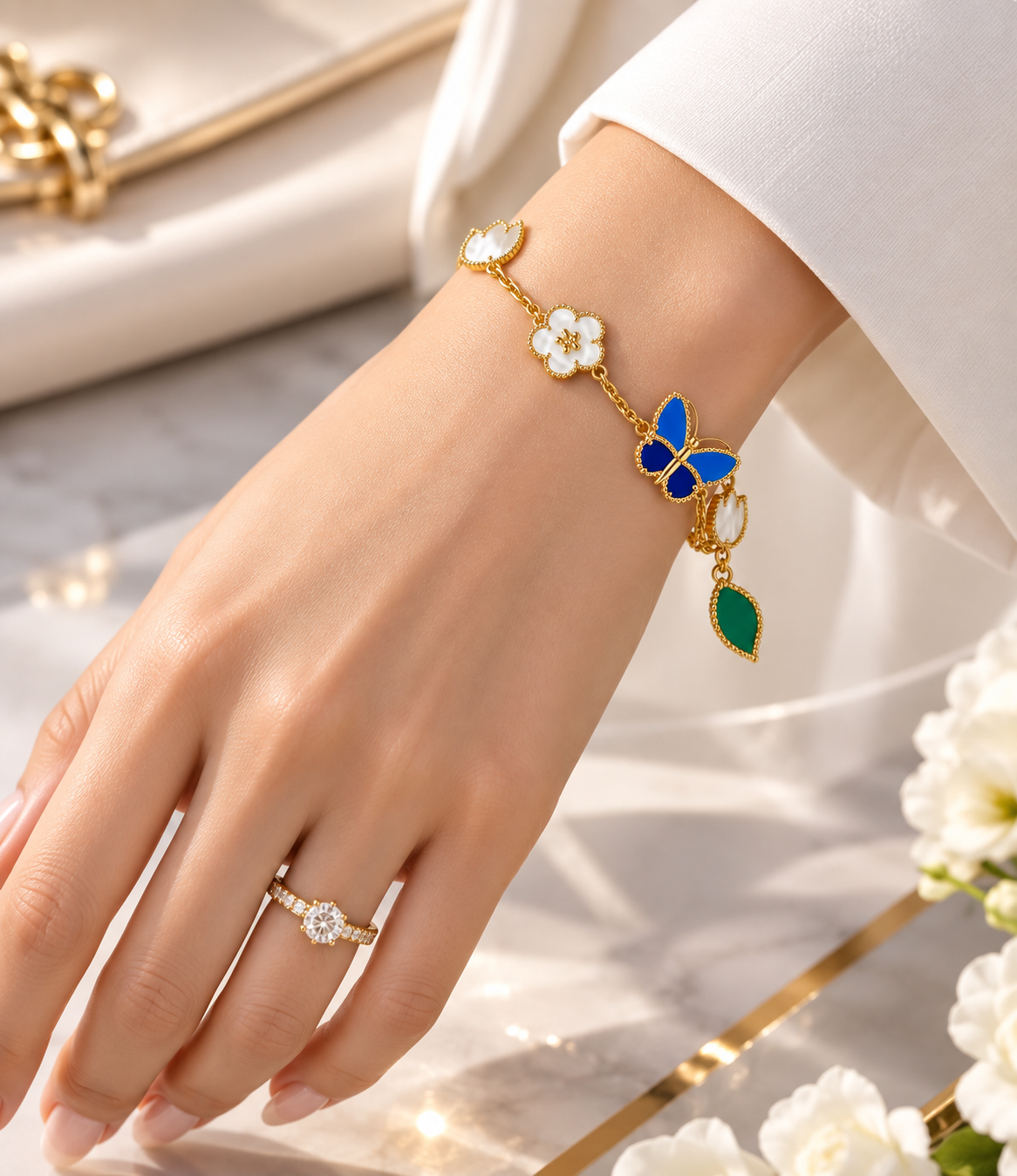 New Gold Plated Stainless Steel Classic Flower Lucky Blue Butterfly Shell Unisex Party Bracelet