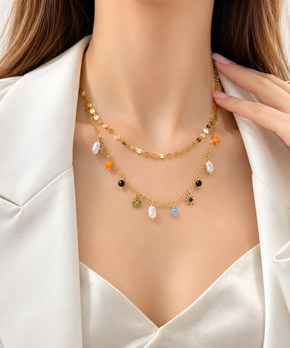 New Fashion Design Double Chains Necklace With Many Colorful Pendant Stainless Steel 18K Gold Plated Necklaces for Women