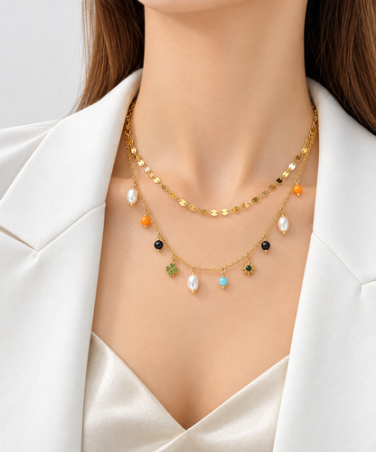 New Fashion Design Double Chains Necklace With Many Colorful Pendant Stainless Steel 18K Gold Plated Necklaces for Women