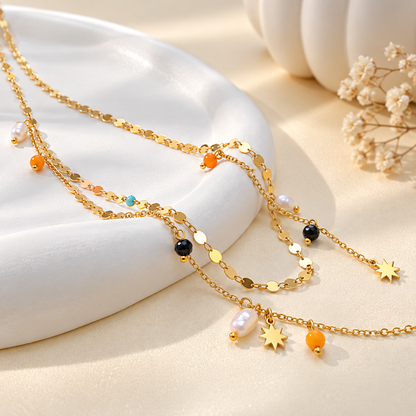 New Fashion Design Double Chains Necklace With Many Colorful Pendant Stainless Steel 18K Gold Plated Necklaces for Women