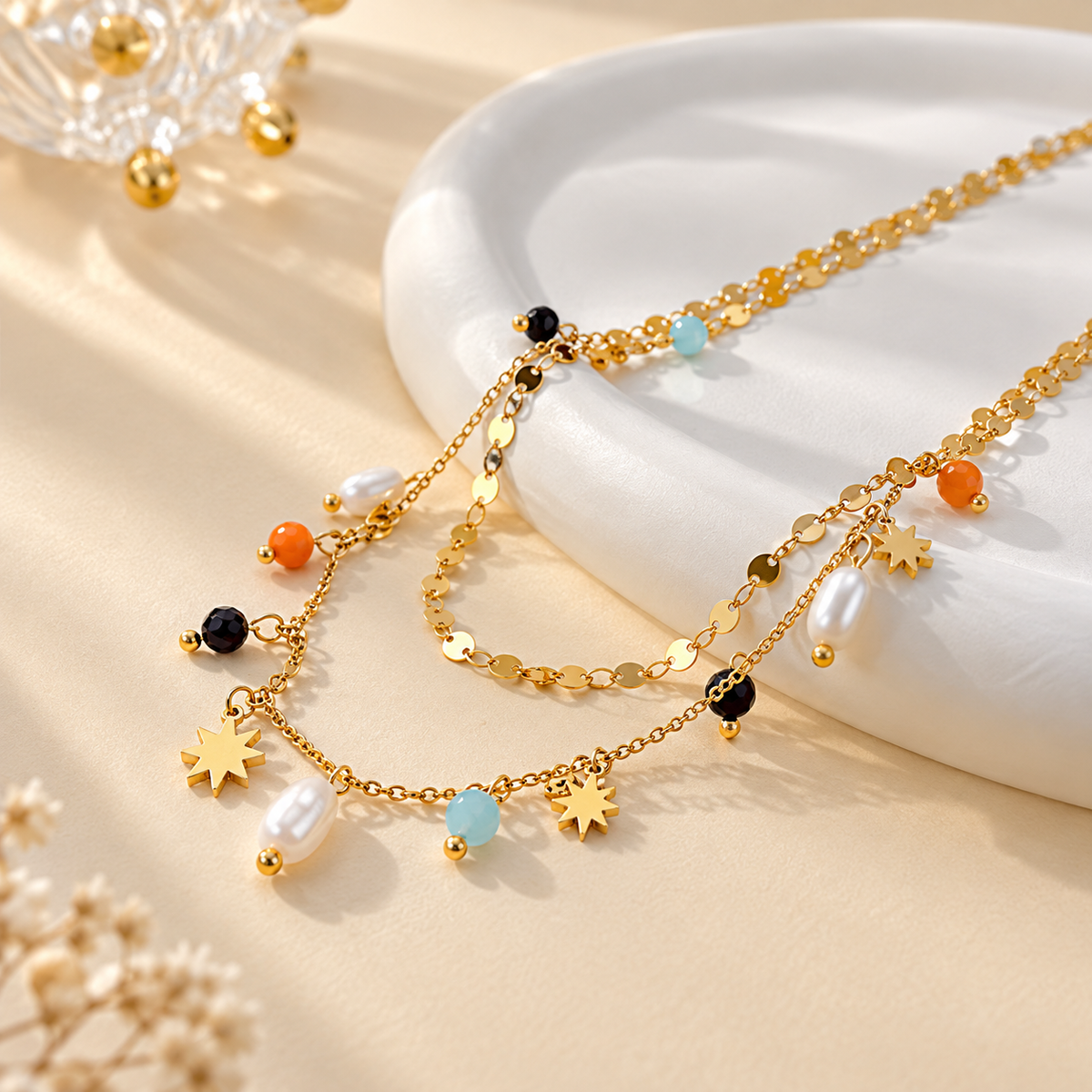 New Fashion Design Double Chains Necklace With Many Colorful Pendant Stainless Steel 18K Gold Plated Necklaces for Women