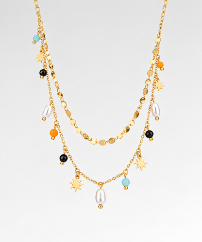 New Fashion Design Double Chains Necklace With Many Colorful Pendant Stainless Steel 18K Gold Plated Necklaces for Women