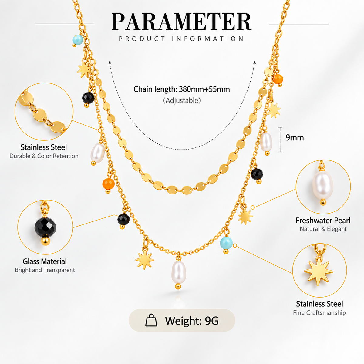 New Fashion Design Double Chains Necklace With Many Colorful Pendant Stainless Steel 18K Gold Plated Necklaces for Women