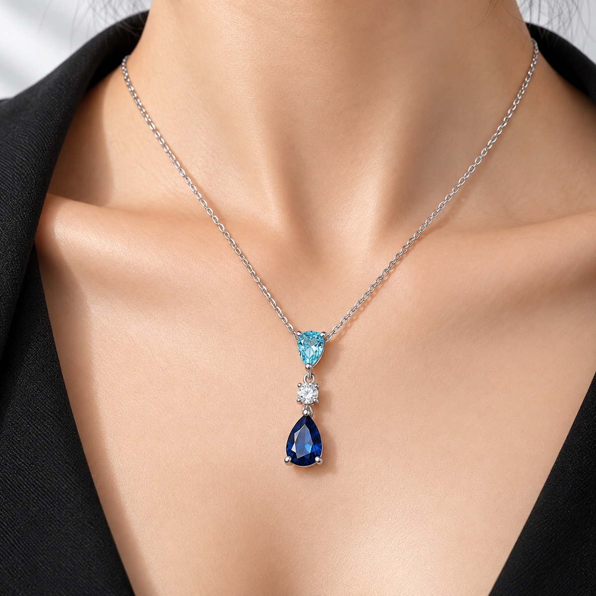 Elegant Retro Geometric Design Hypoallergenic S925 Sterling Silver Blue Teardrop Pendant Necklace