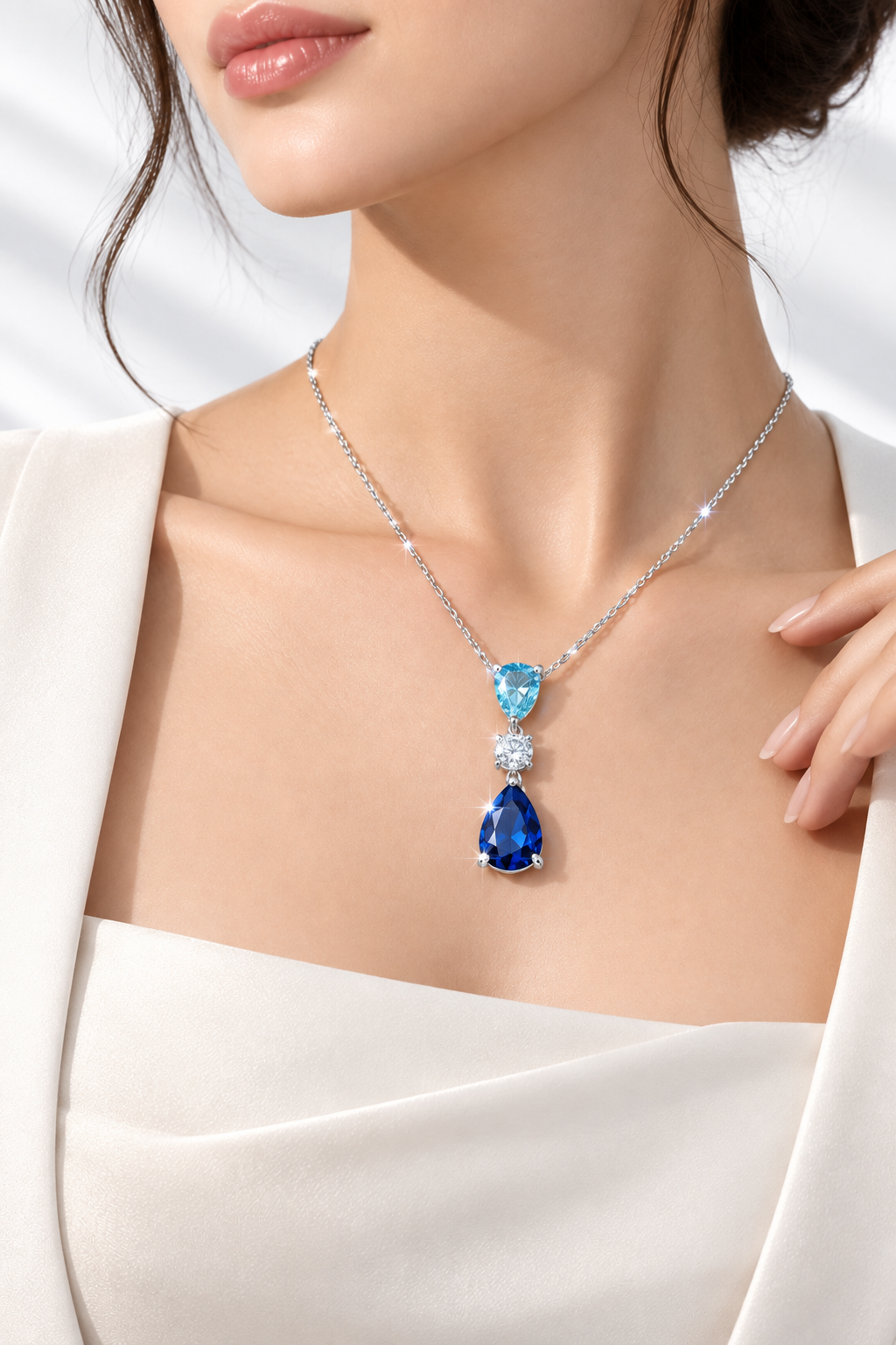 Elegant Retro Geometric Design Hypoallergenic S925 Sterling Silver Blue Teardrop Pendant Necklace