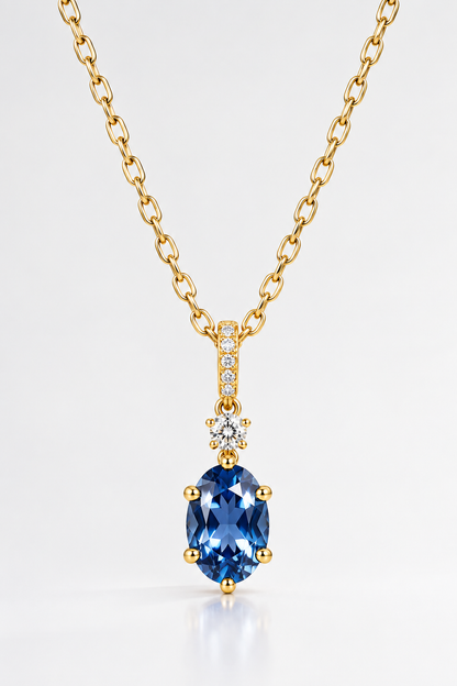 High Quality 925 Sterling Silver 14K/18K Gold Plated Oval Blue CZ Refined Modern Necklace