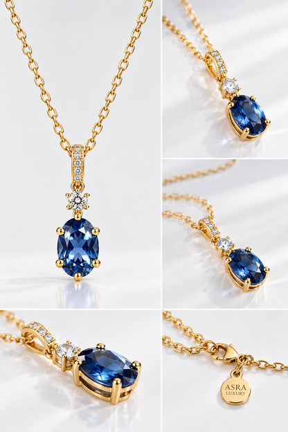 High Quality 925 Sterling Silver 14K/18K Gold Plated Oval Blue CZ Refined Modern Necklace