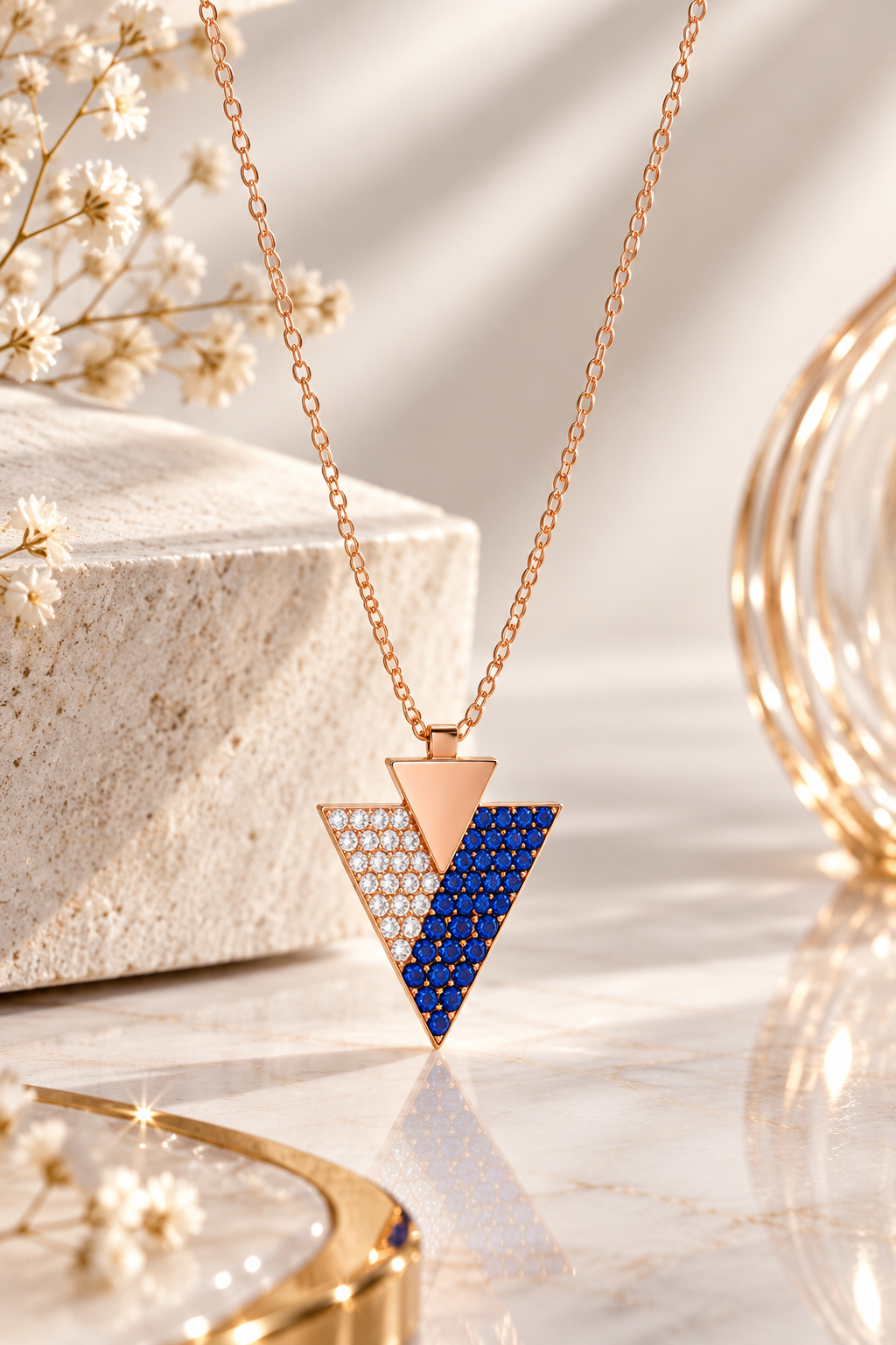 Sapphire Zircon Triangle Pendant Turkish Handmade 925 Sterling Silver