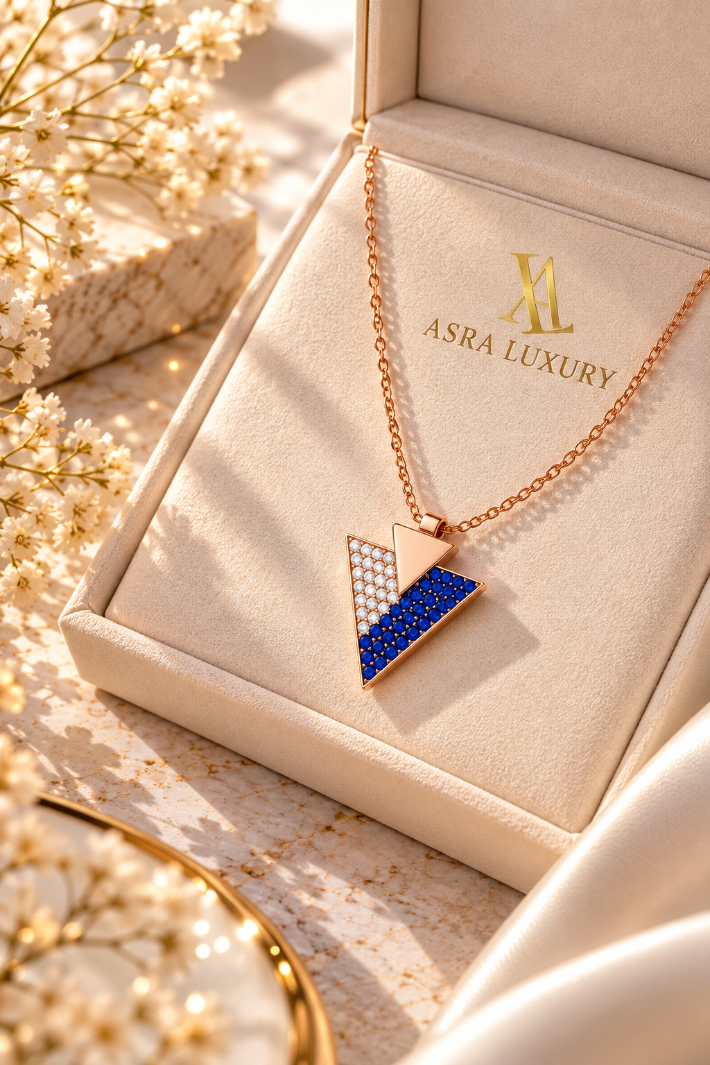 Sapphire Zircon Triangle Pendant Turkish Handmade 925 Sterling Silver