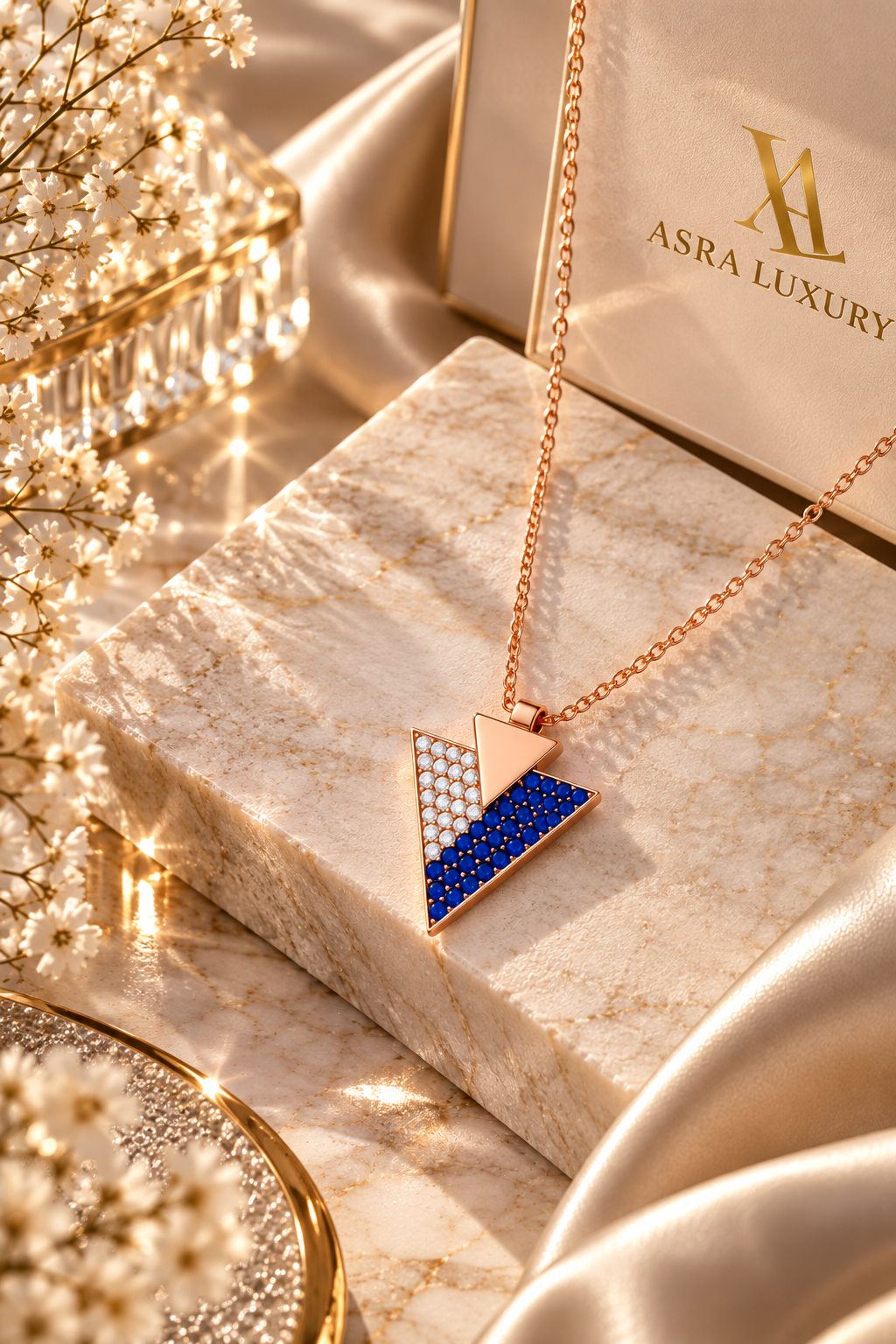Sapphire Zircon Triangle Pendant Turkish Handmade 925 Sterling Silver