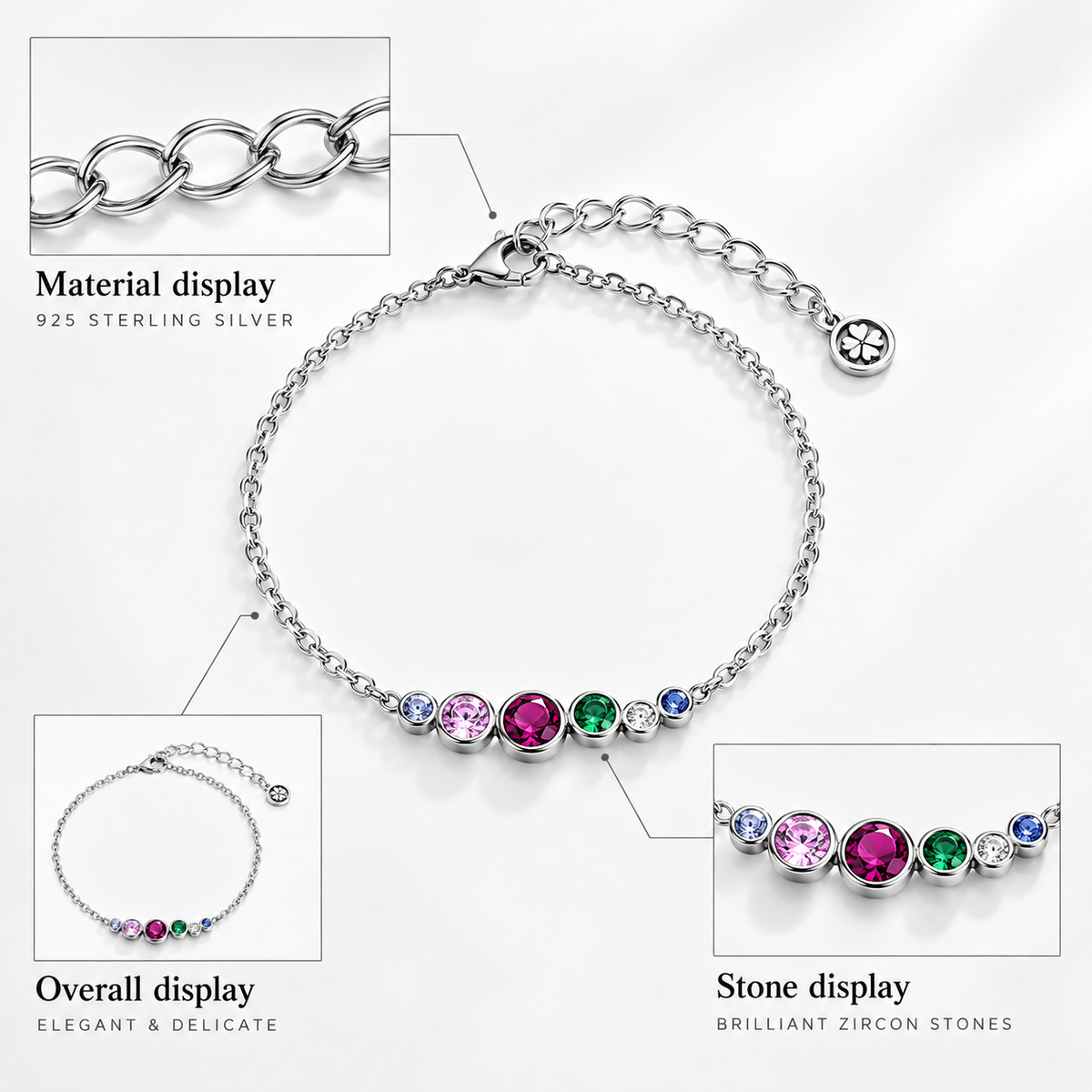 Fashionable 925 Silver Bracelet Femme Beaded with Cubic Zirconia Elegant for Women