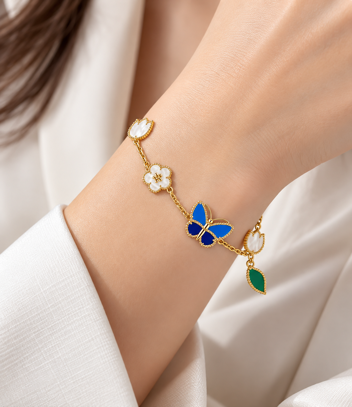 New Gold Plated Stainless Steel Classic Flower Lucky Blue Butterfly Shell Unisex Party Bracelet
