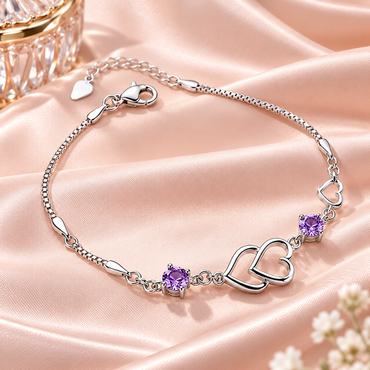 Trendy Colorful Zircon Bracelet Simple Silver Adjustable Chain Bracelet Korean Jewelry Double Heart Bracelet for Girl