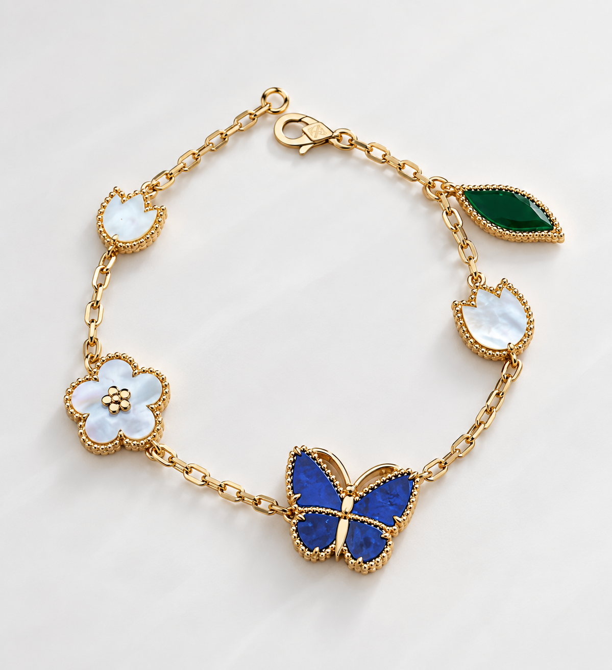 New Gold Plated Stainless Steel Classic Flower Lucky Blue Butterfly Shell Unisex Party Bracelet