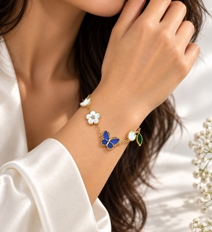 New Gold Plated Stainless Steel Classic Flower Lucky Blue Butterfly Shell Unisex Party Bracelet