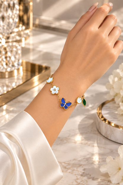 New Gold Plated Stainless Steel Classic Flower Lucky Blue Butterfly Shell Unisex Party Bracelet