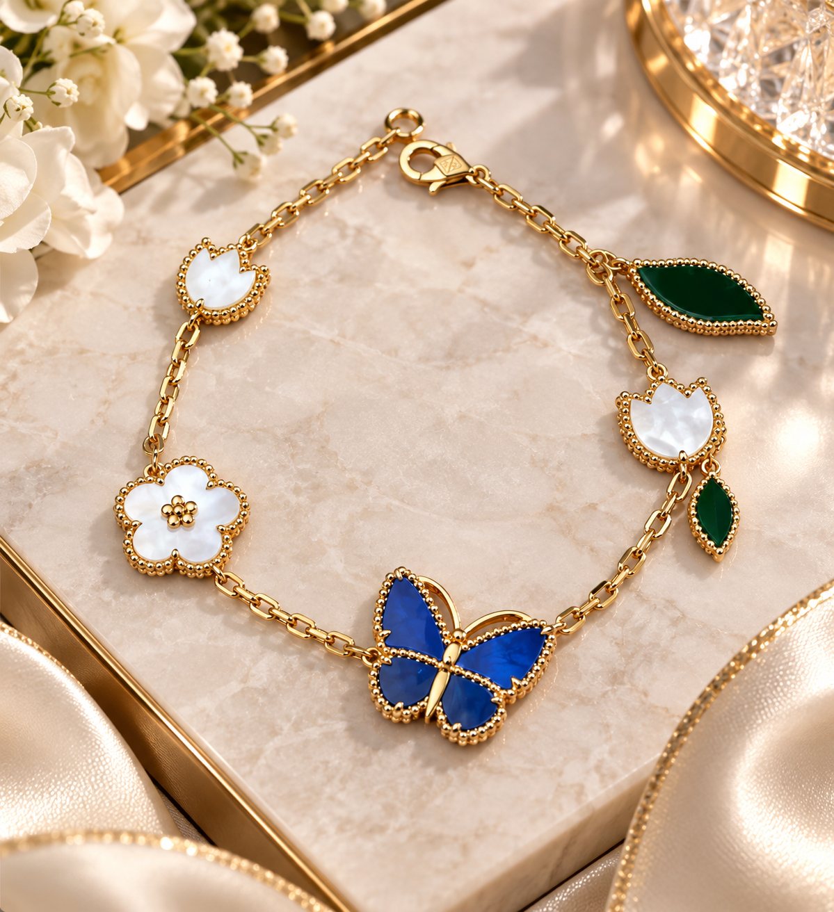 New Gold Plated Stainless Steel Classic Flower Lucky Blue Butterfly Shell Unisex Party Bracelet