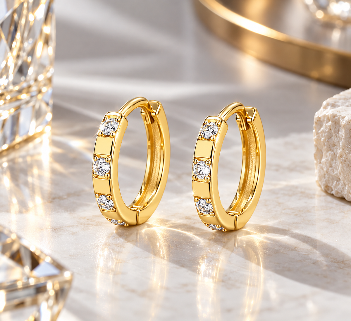 Dainty Gold Vermeil Sterling Silver Alternating Zirconia Huggie Earrings Solid Silver Hoop Zirconia Round Stone Hoop Earrings