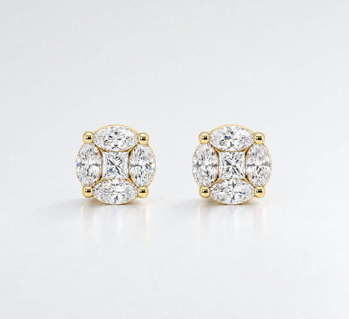Round Sparkly Marquise CZ 925 Sterling Silver Stud 14k Gold Plated Earrings