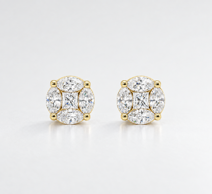 Round Sparkly Marquise CZ 925 Sterling Silver Stud 14k Gold Plated Earrings