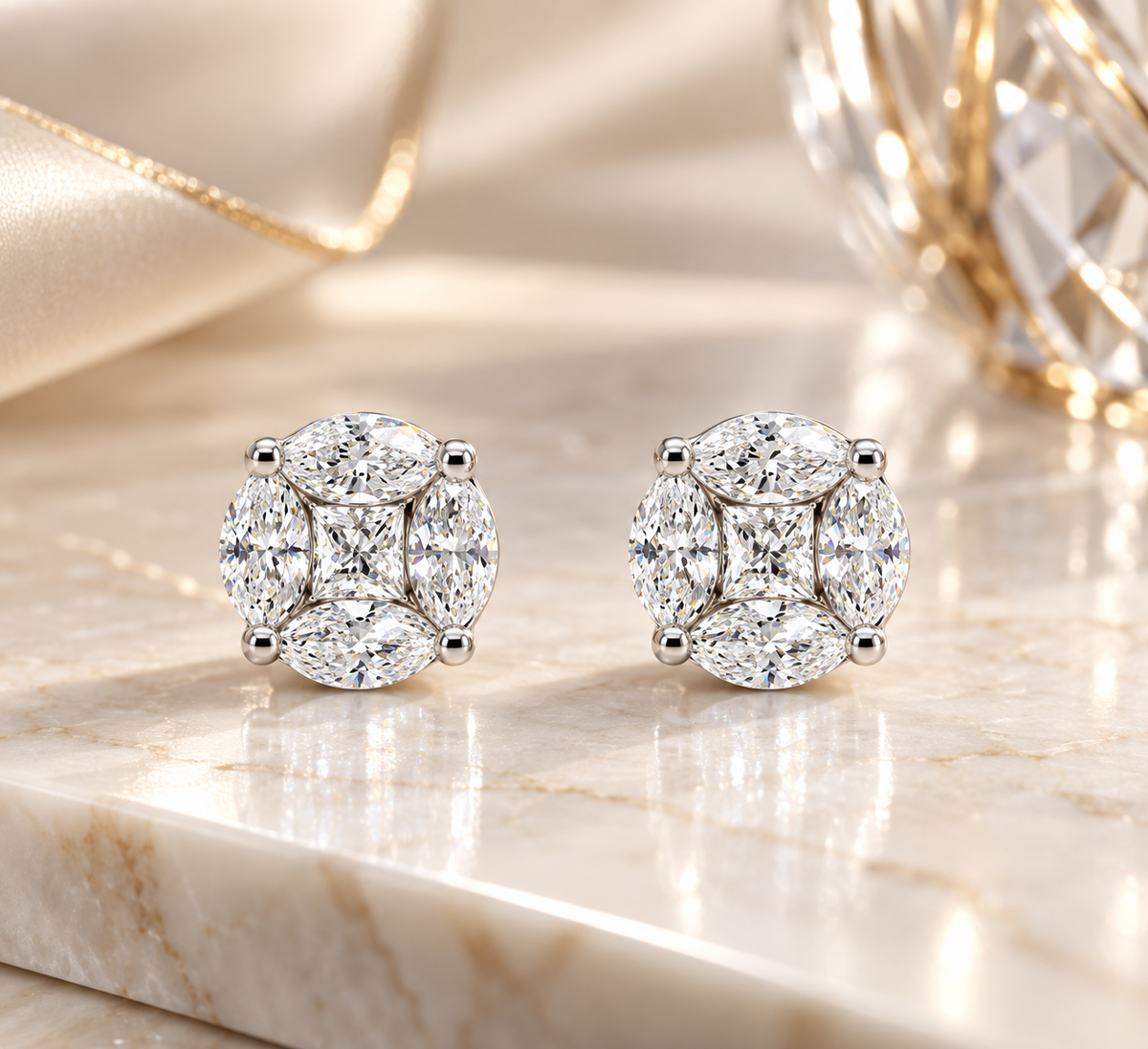 Round Sparkly Marquise CZ 925 Sterling Silver Stud 14k Gold Plated Earrings