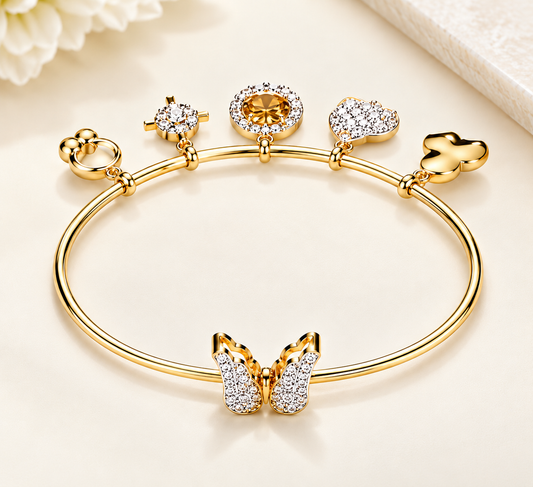 New Heart Vintage Design Multi Shape Moissanite Diamond Bracelet Unisex Yellow Gold Plated