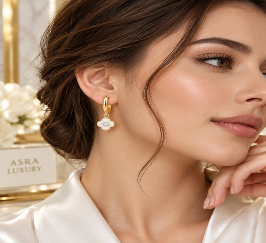 925 Sterling Silver Hoop Earrings Gold Plated Zircon Stone Clover Charm Huggie