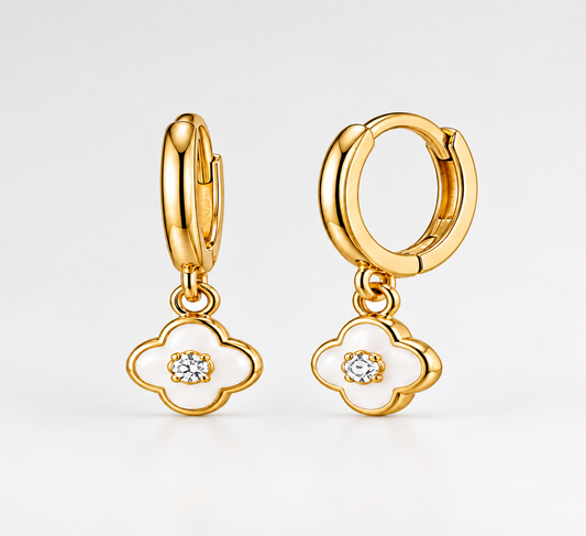 925 Sterling Silver Hoop Earrings Gold Plated Zircon Stone Clover Charm Huggie