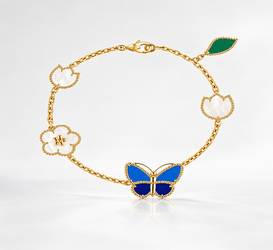 New Gold Plated Stainless Steel Classic Flower Lucky Blue Butterfly Shell Unisex Party Bracelet